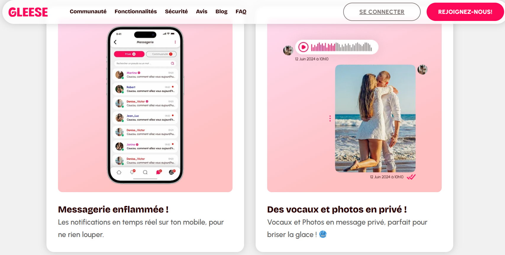 La messagerie Gleese avec messages vocaux et photos privées